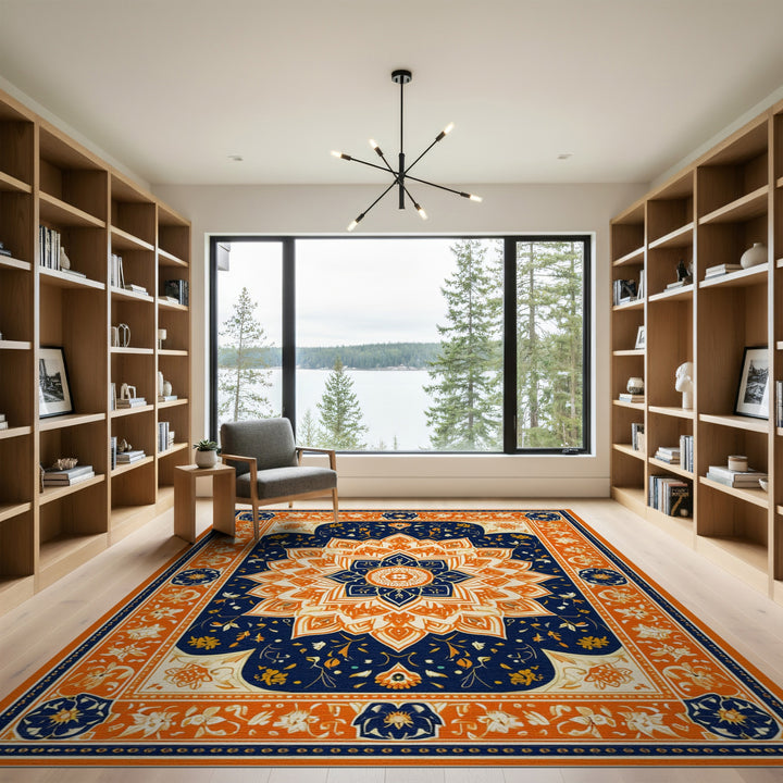 Orange Floral Mandala Navy Area Rug