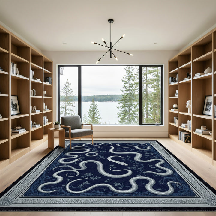 Silver Serpents Navy Blue Area Rug