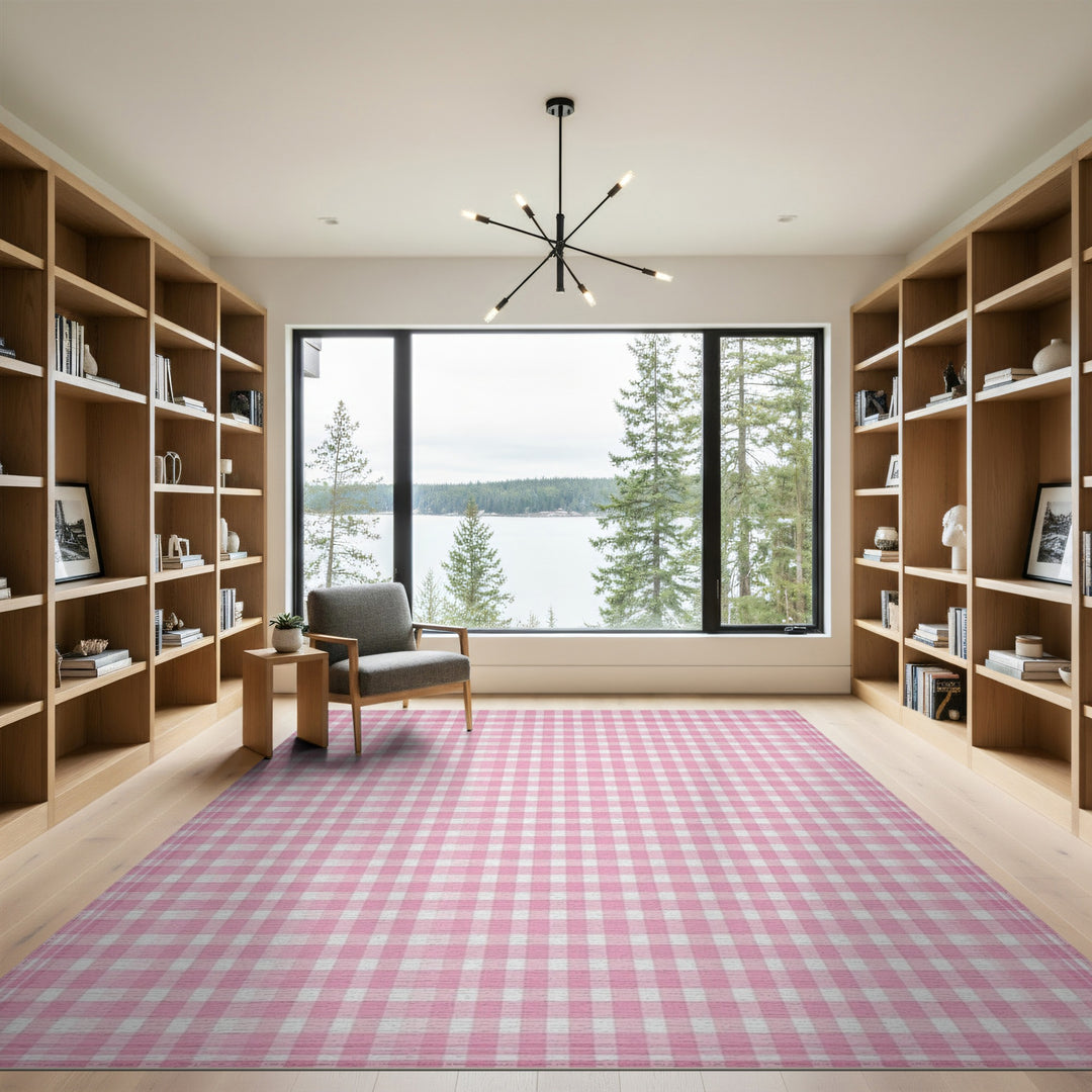 Washable Pink Gingham Checkered Washable Area Rug
