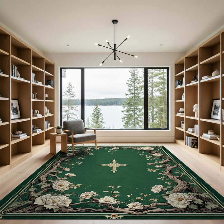 Green Floral Branch Vintage Area Rug