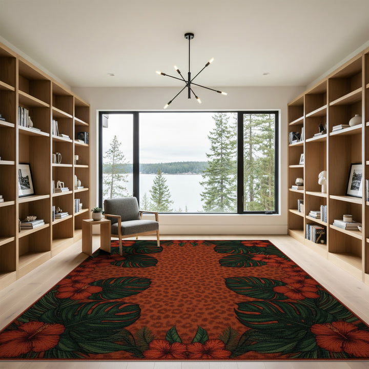 Red Hibiscus Leopard Print Area Rug