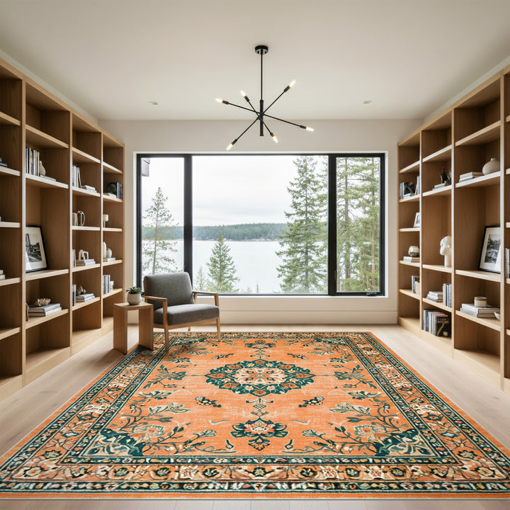 Orange Floral Vintage Medallion Area Rug