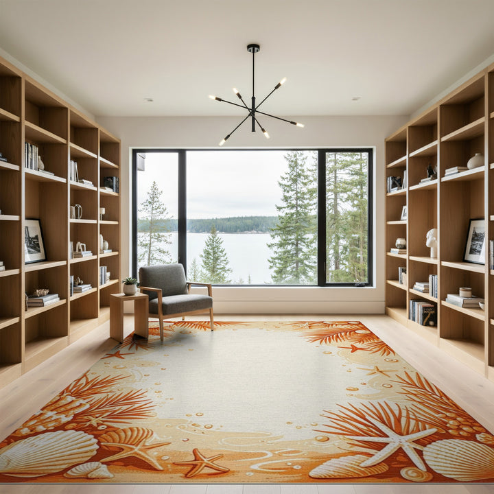 Orange Seashell Starfish Coastal Area Rug