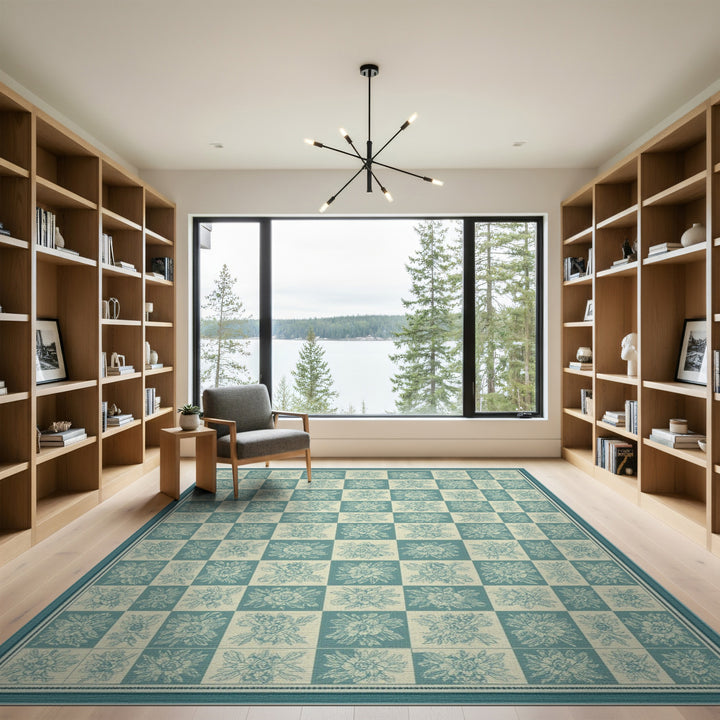 Teal Floral Checkerboard Vintage Area Rug