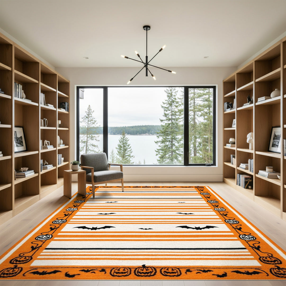 Orange Halloween Striped Area Rug with Bats and Pumpkins
