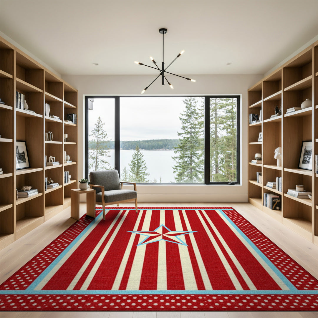 Red Striped Star Washable Area Rug