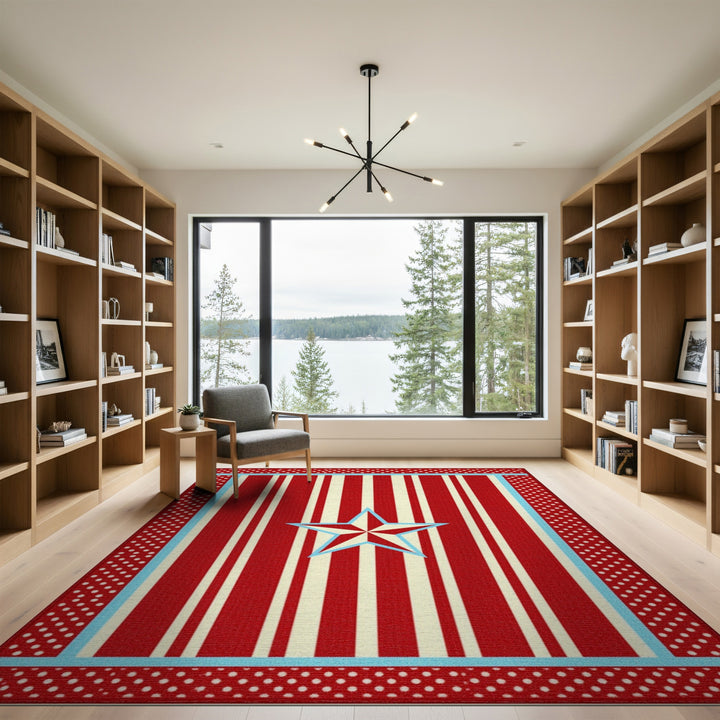 Red Striped Star Washable Area Rug