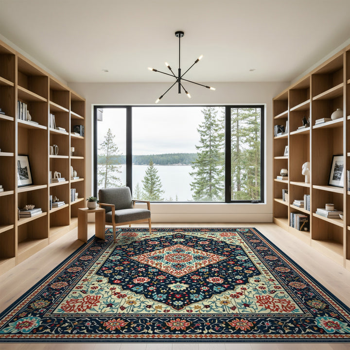 Navy Multi-color and Patterns Navy Persian Floral Medallion Area Rug