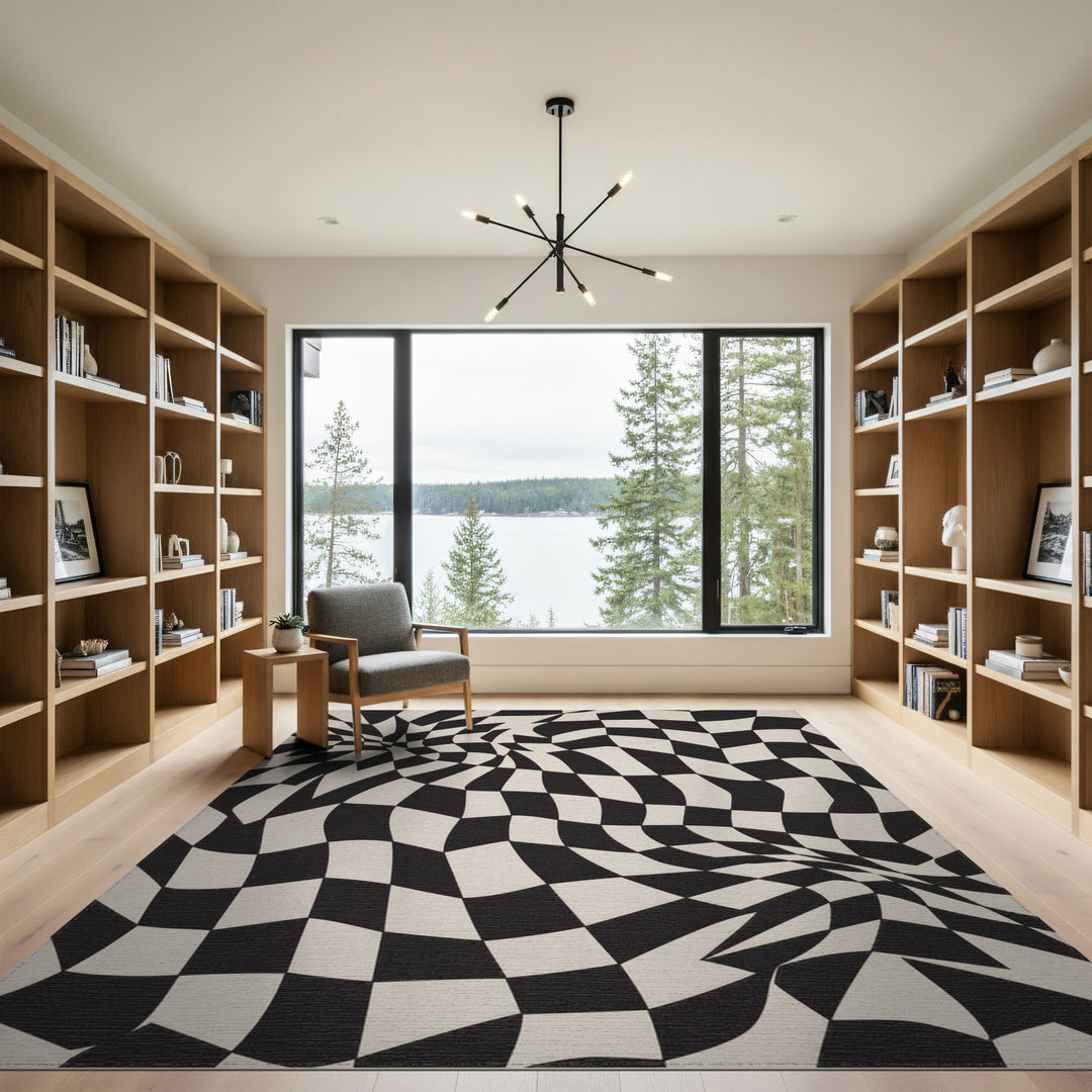 Black White Wavy Checkerboard Area Rug