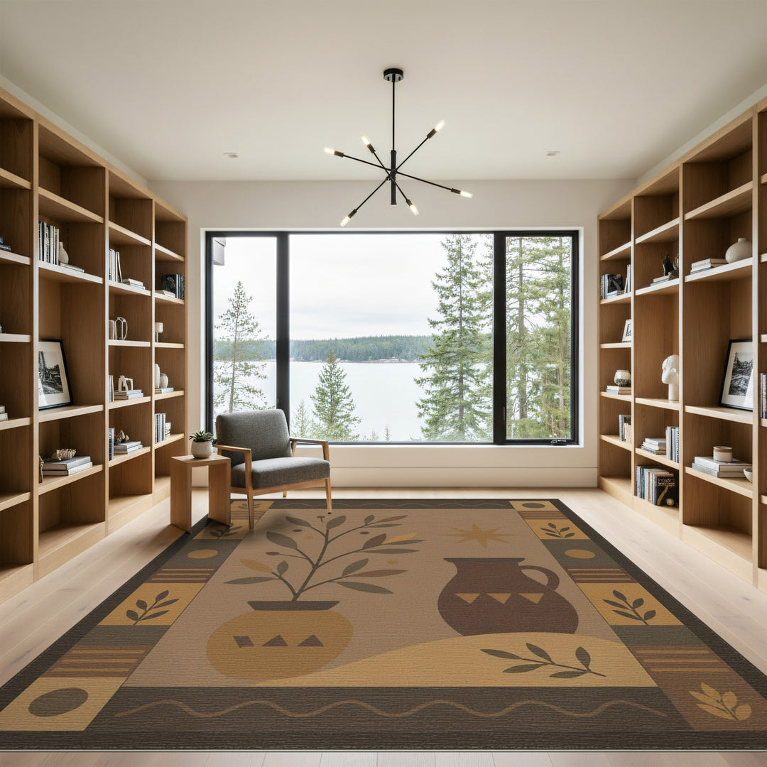 Southwestern Brown Tan Plant and Pitcher Area Rug