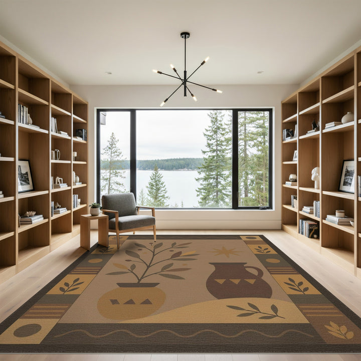 Southwestern Brown Tan Plant and Pitcher Area Rug