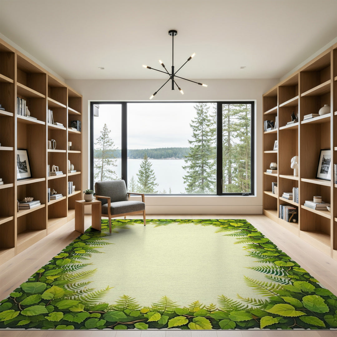 Lush Green Fern Leaf Border Area Rug