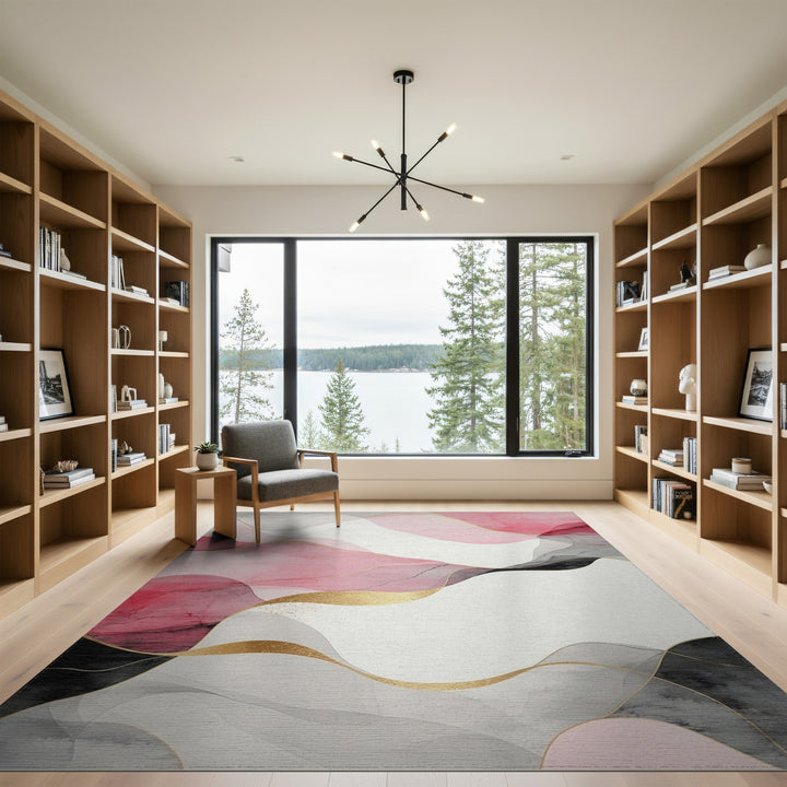 Pink Gold Fluid Wave Abstract Area Rug