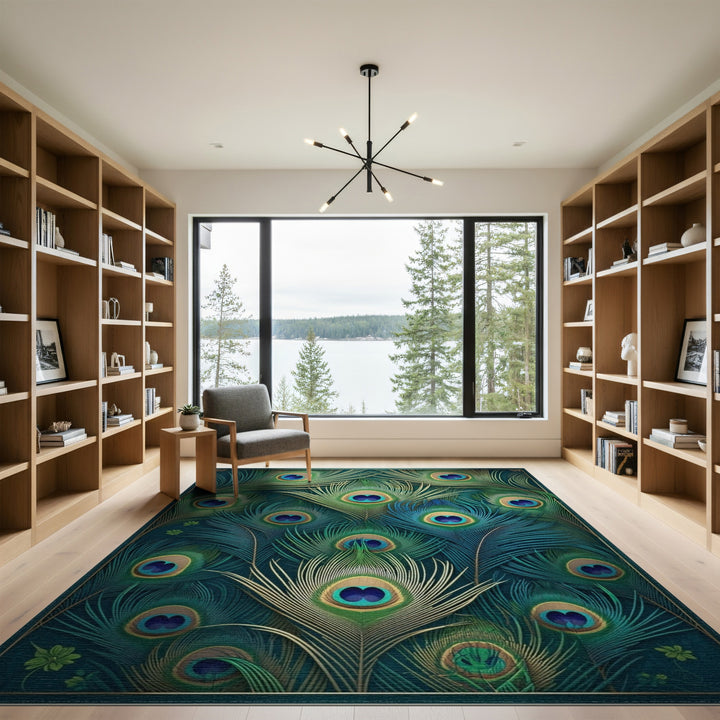 Boho Chic Peacock Feather Blue Teal Washable Area Rug