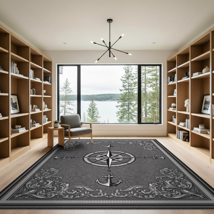 Black White Nautical Compass Anchor Area Rug