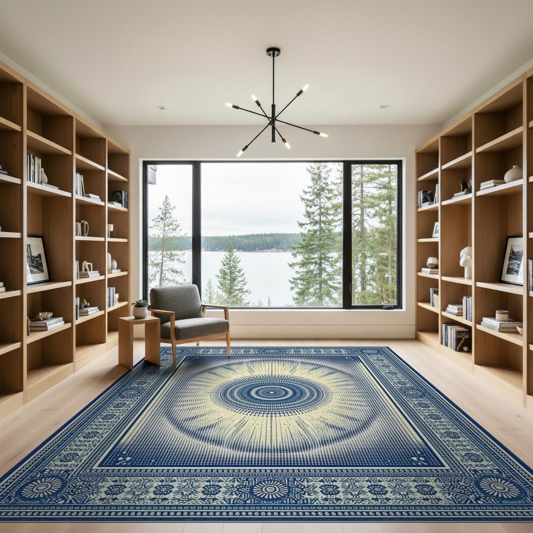 Blue and Teal Blue Sunburst Geometric Area Rug