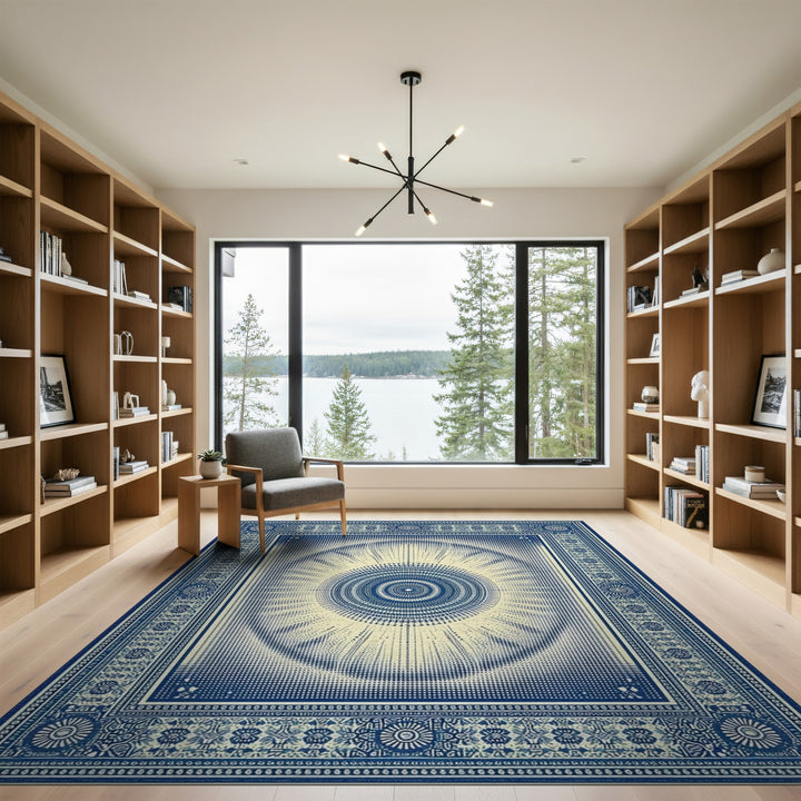 Blue and Teal Blue Sunburst Geometric Area Rug