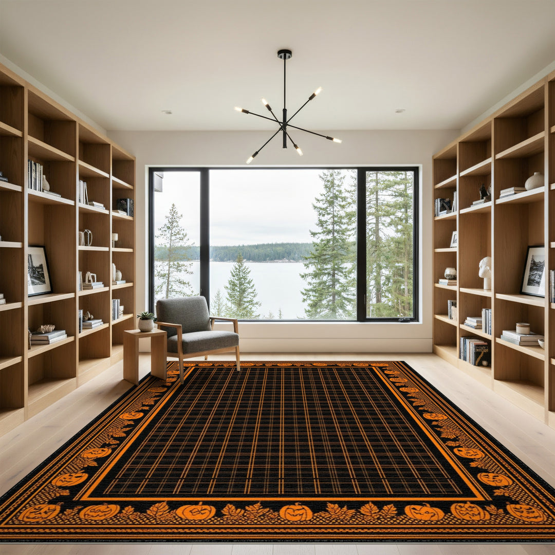 Orange Pumpkin Halloween Grid Area Rug
