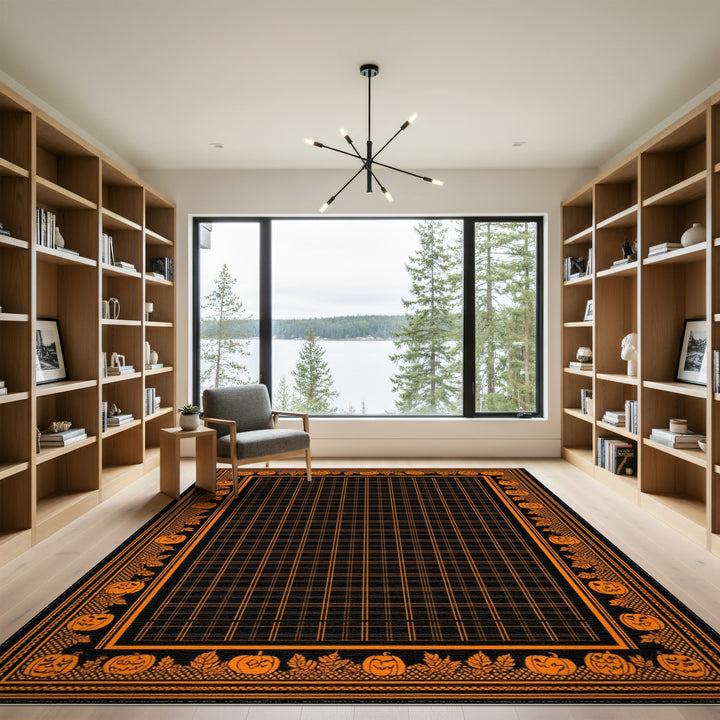 Orange Pumpkin Halloween Grid Area Rug