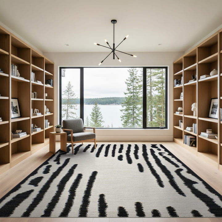Black White Abstract Vertical Stripe Rug