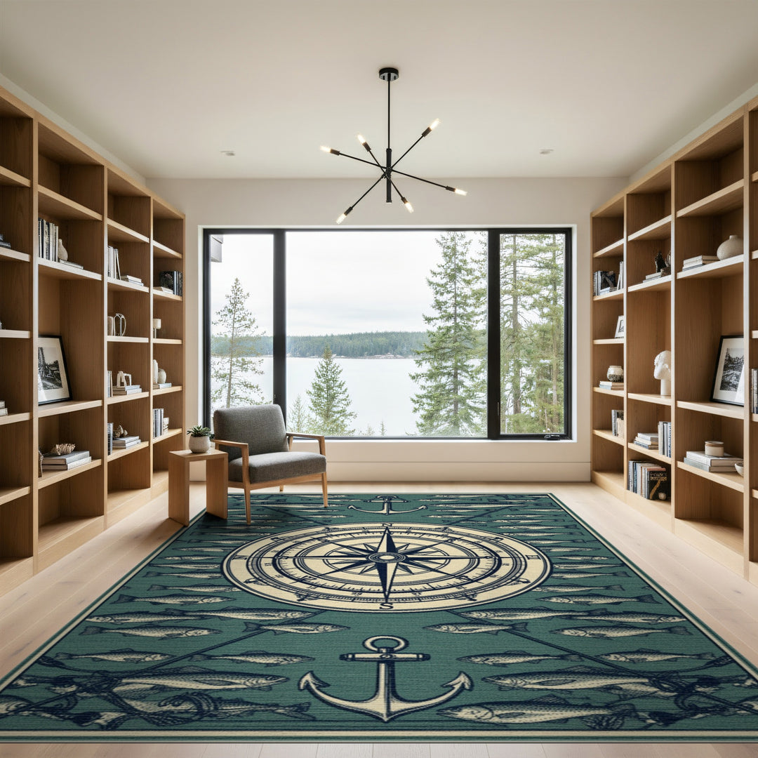 Nautical Compass Anchor Fish Area Rug