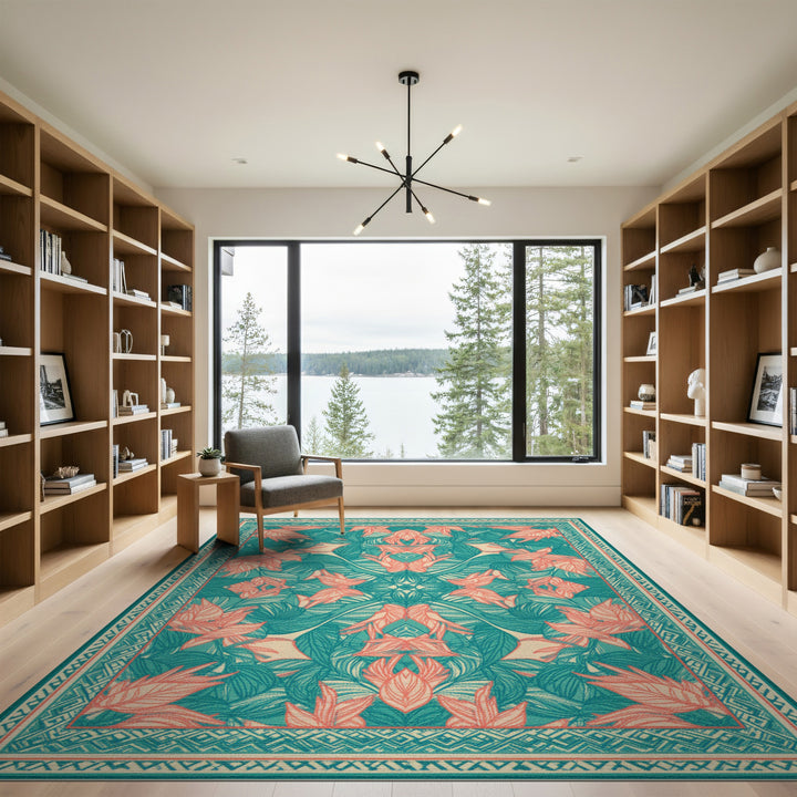 Teal Coral Leaf Botanical Area Rug