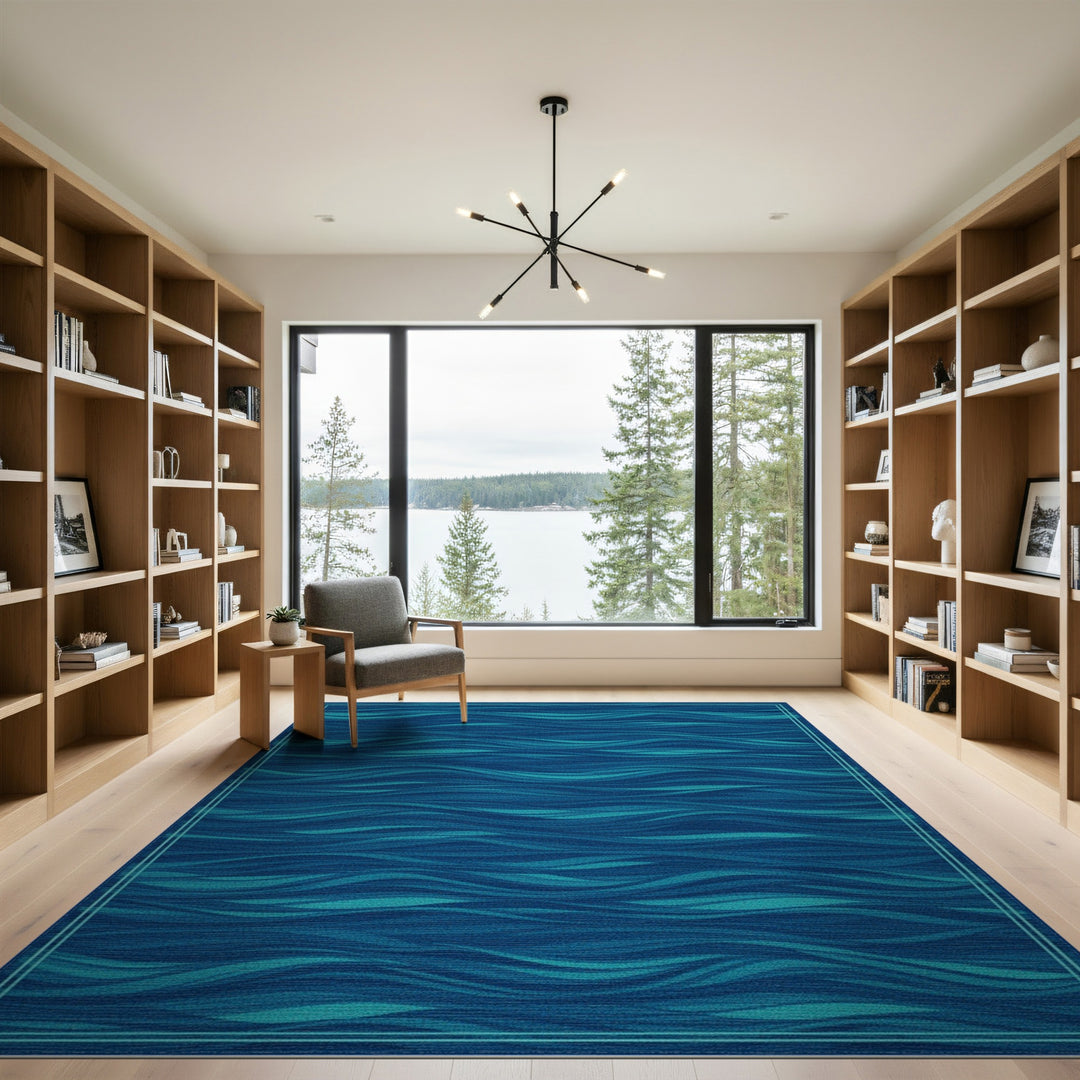 Blue Teal Ocean Wave Washable Area Rug