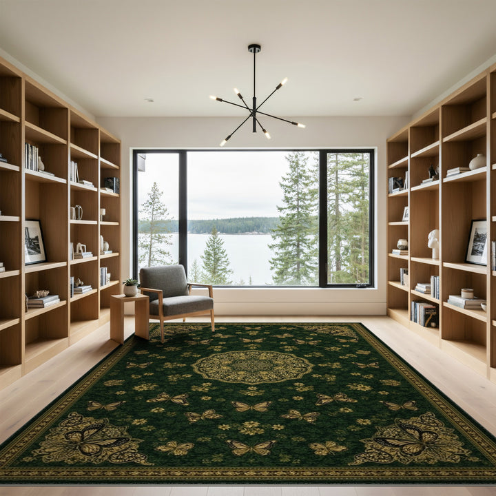 Green Gold Butterfly Medallion Area Rug