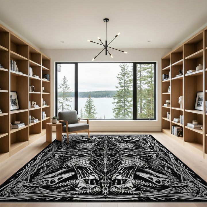 Black and White Dinosaur Skeleton Geometric Area Rug