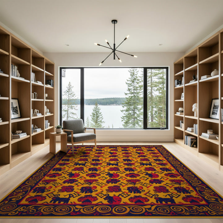 Vibrant Yellow Elephant Tribal Area Rug