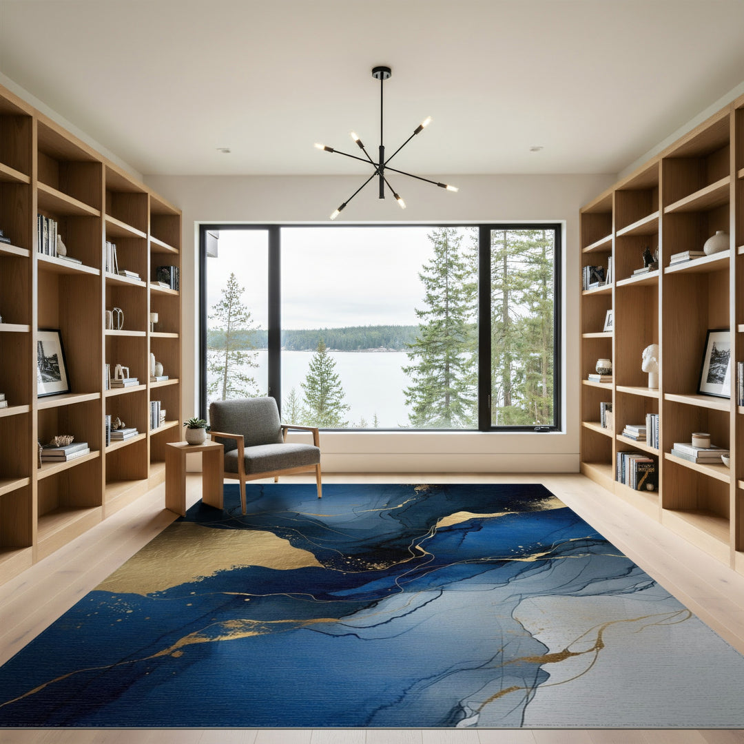 Blue Gold Abstract Fluid Area Rug