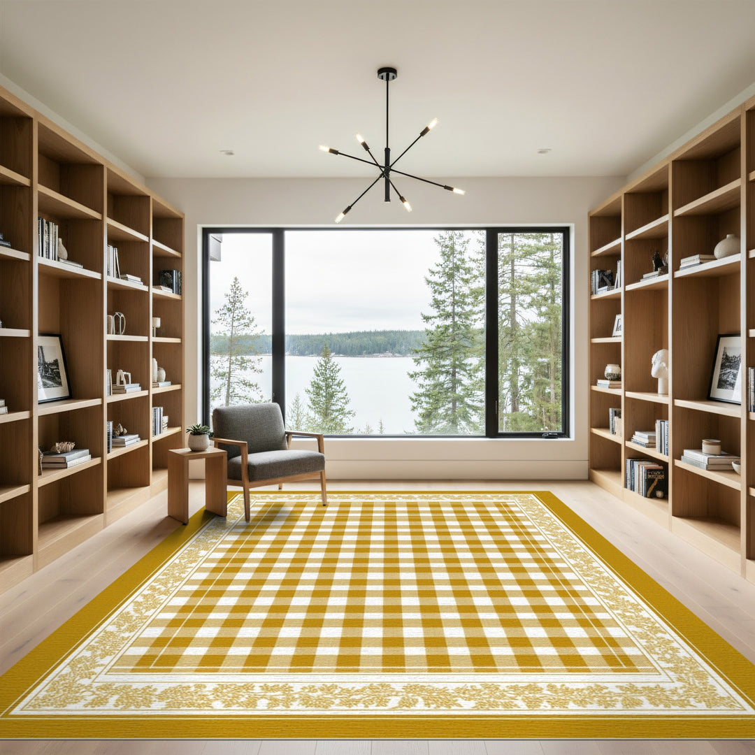 Yellow Gingham Checkered Rug with Floral Border