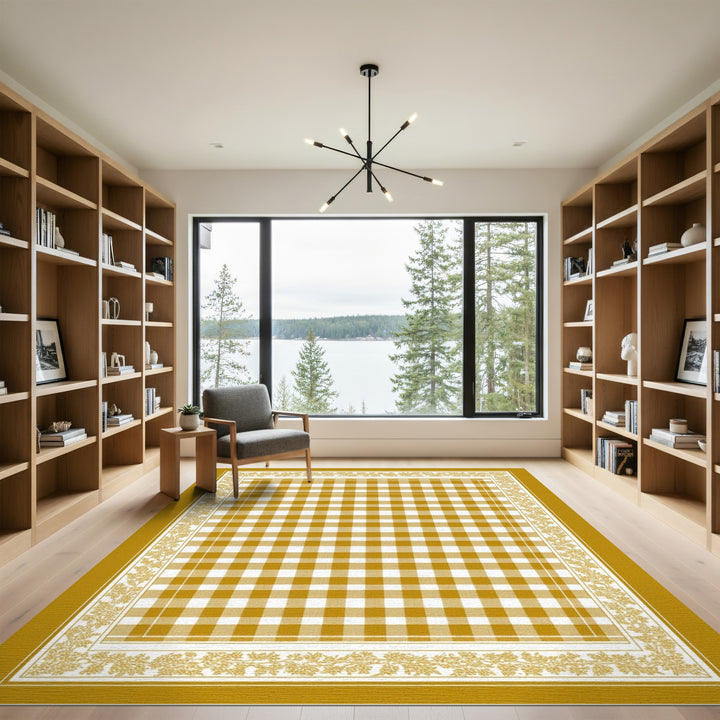 Yellow Gingham Checkered Rug with Floral Border