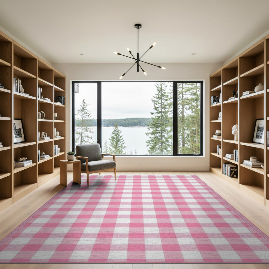 Rustic Farmhouse Pink Gingham Check Washable Area Rug