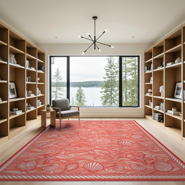 Red Coastal Mermaid Seashell Area Rug