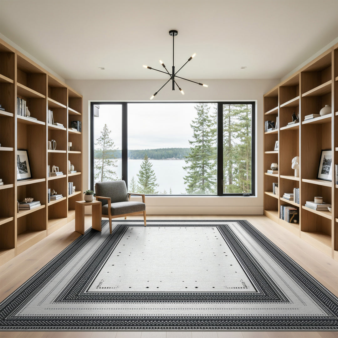 Black White Traditional Persian Border Rug