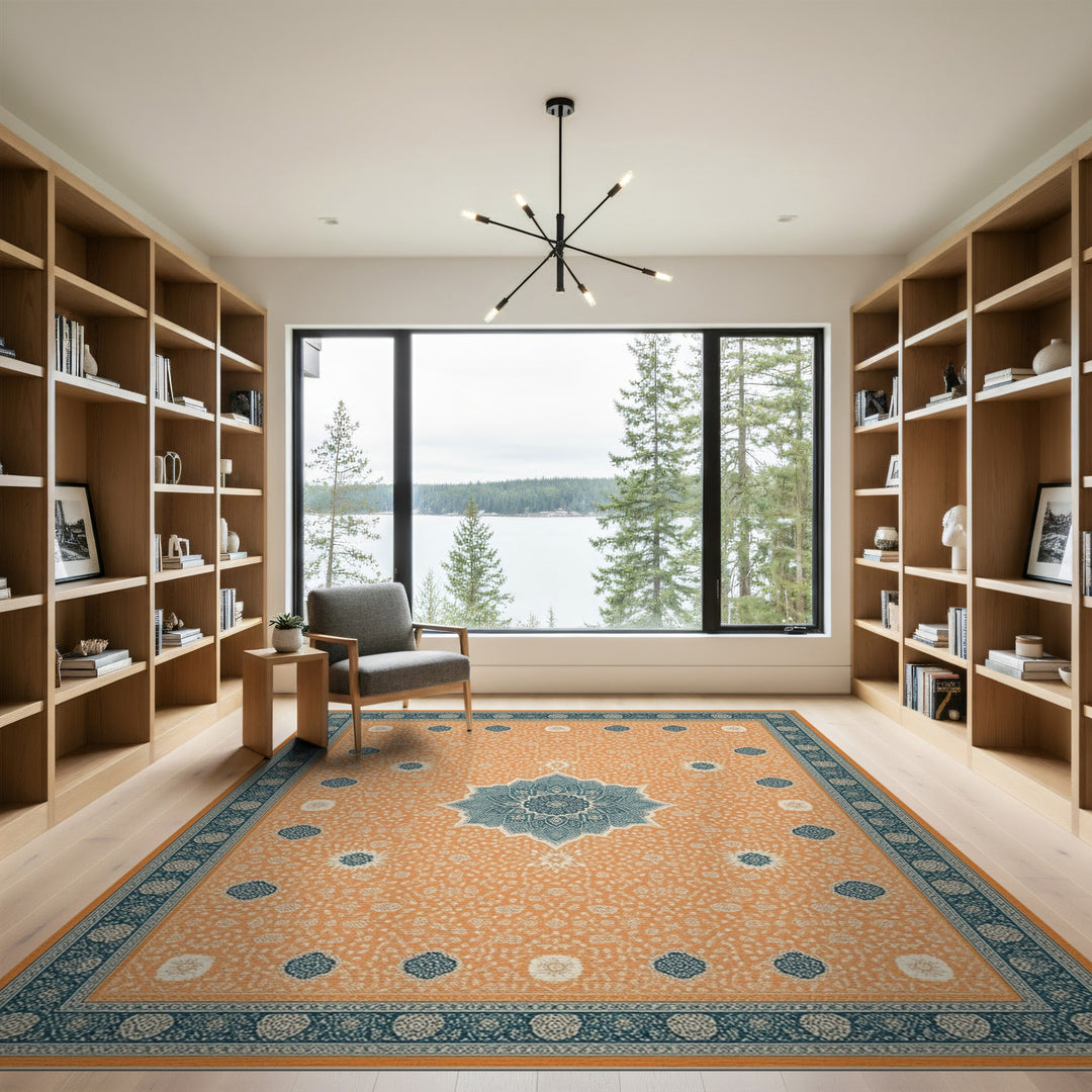 Orange Teal Medallion Traditional Persian Area Rug