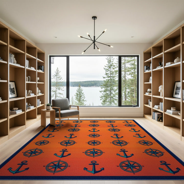 Orange Anchor Compass Coastal Area Rug