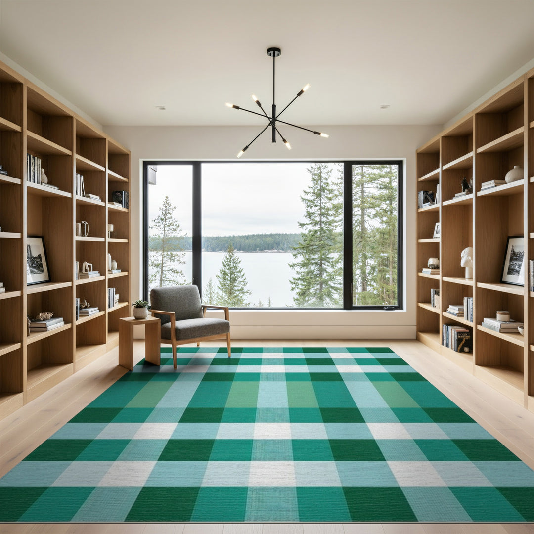 Green Checkered Washable Geometric Modern Area Rug