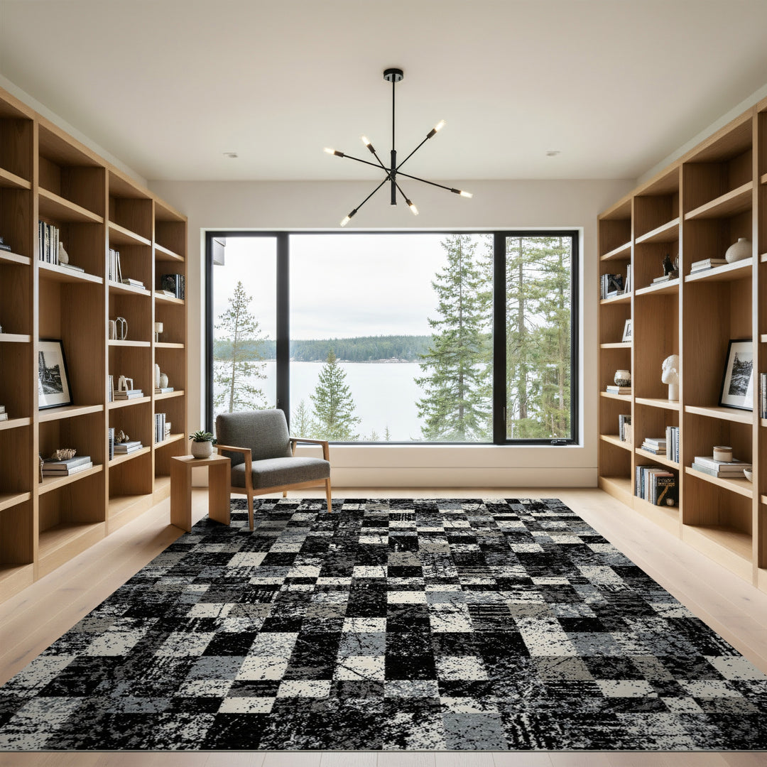 Distressed Black White Checkered Area Rug