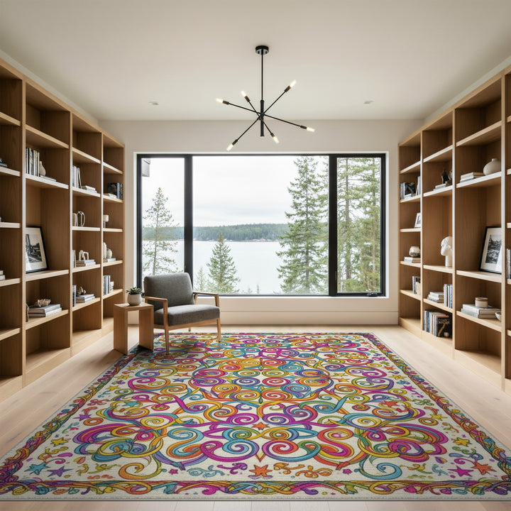 Vibrant Rainbow Swirl Stars Area Rug