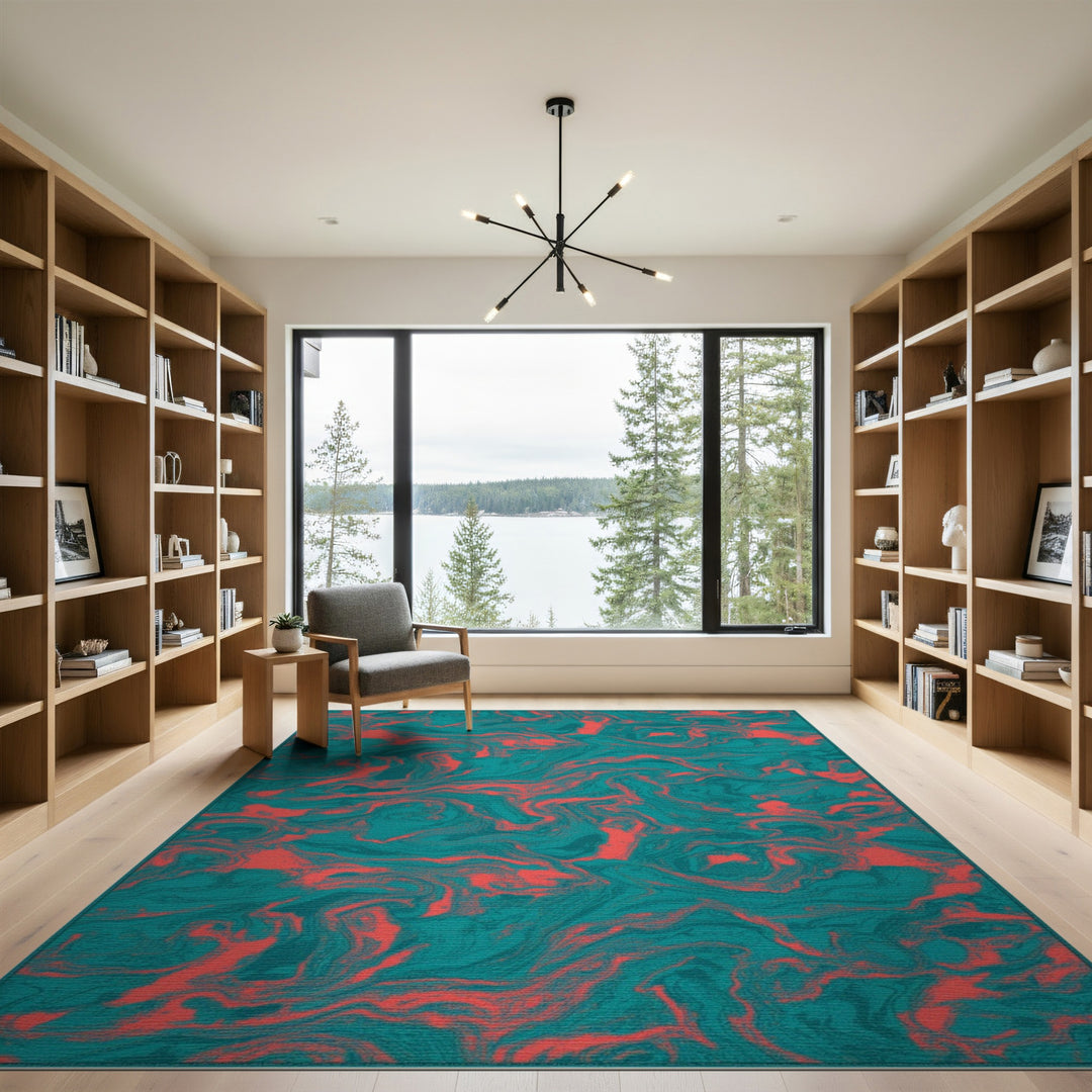 Teal Abstract Swirl Abstract Area Rug