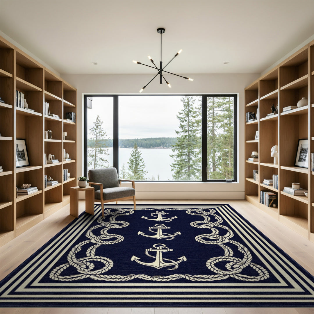 Navy Blue Anchor Rope Area Rug