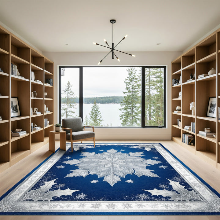 Silver Snowflake Holly Blue Area Rug