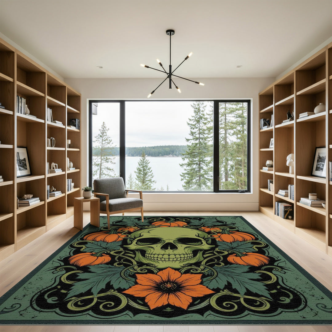 Green Skull Pumpkin Vintage Area Rug