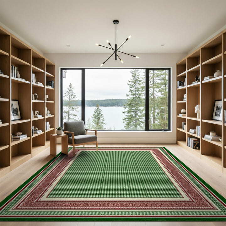 Green Checkered Area Rug with Red Border