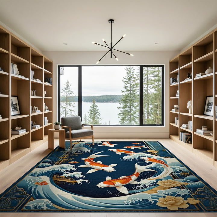 Koi Fish Waves Blue Area Rug