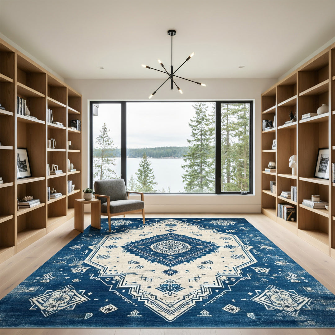 Blue and Teal Blue Distressed Vintage Area Rug