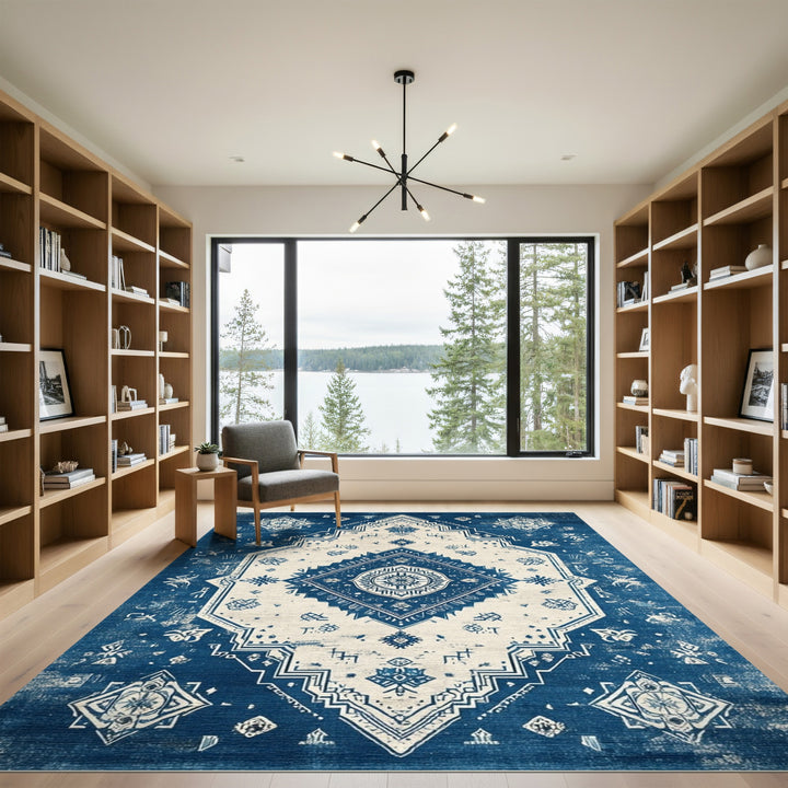 Blue and Teal Blue Distressed Vintage Area Rug