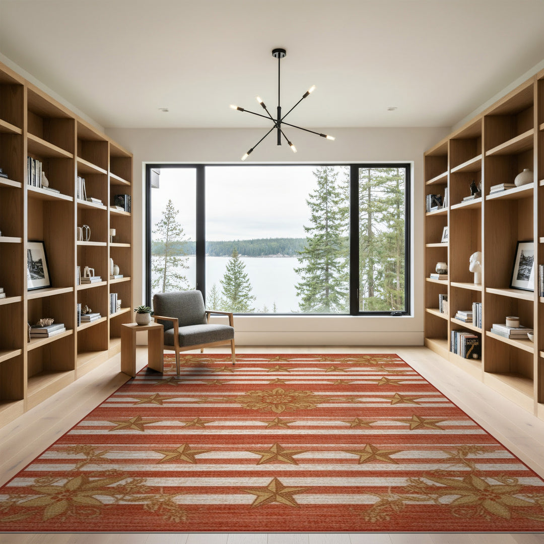 Red Striped Gold Star Floral Area Rug